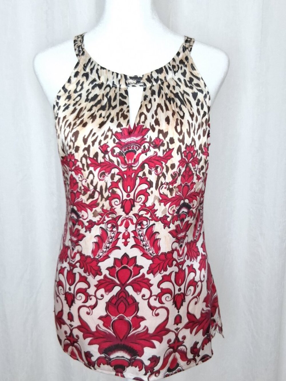 White House Black Market Silk Blend Leopard & Red Damask Halter Top